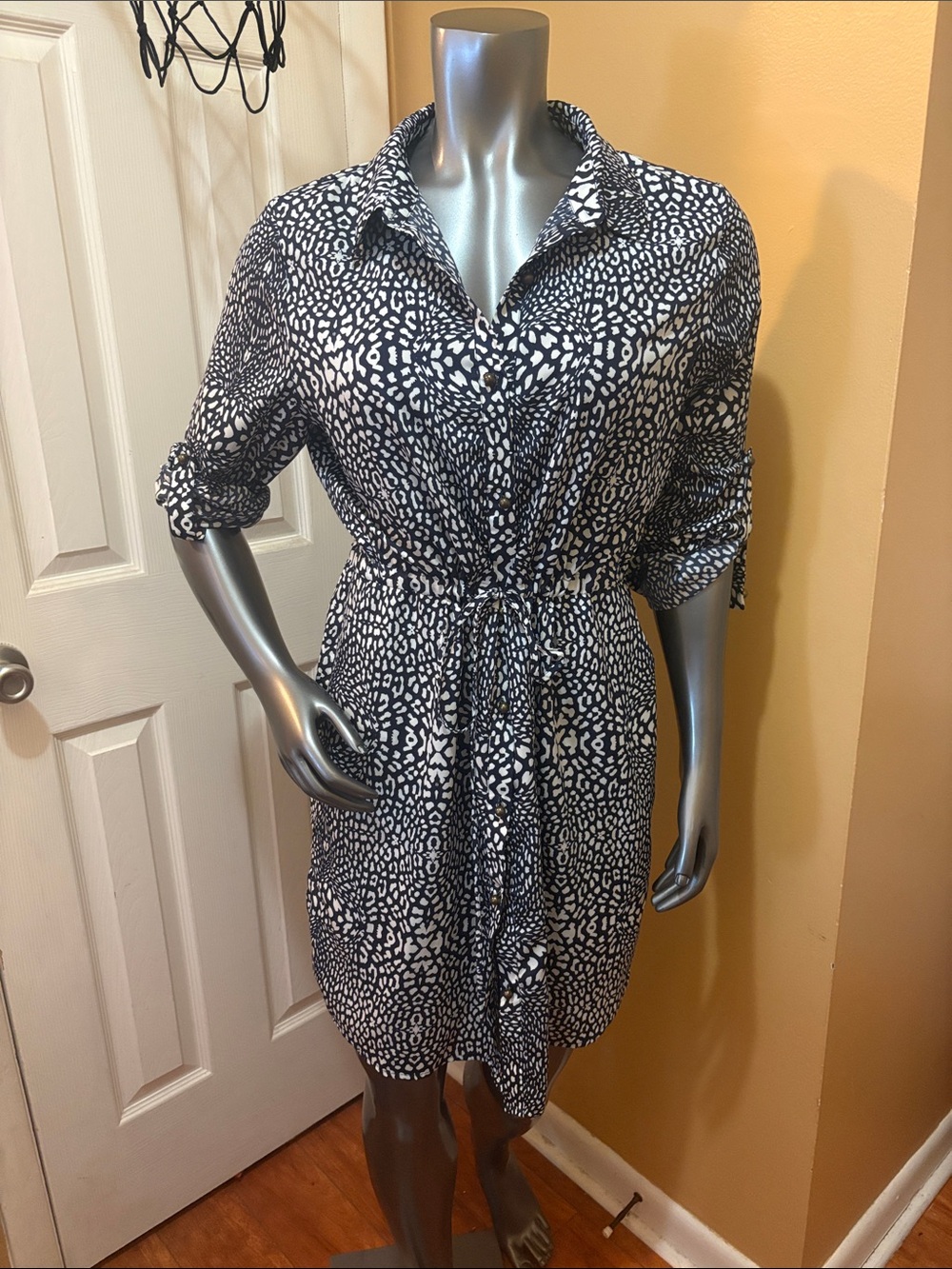 Black & White Printed Shirt Dress with Tie Waist